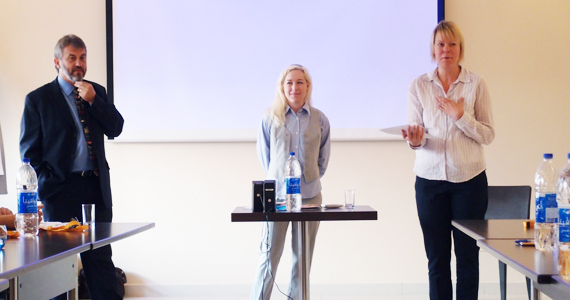 Pieter Cronje, main resource person and mentor for the group, Zophie Landahl and Hanna Johnsson from the Institute opens the workshop